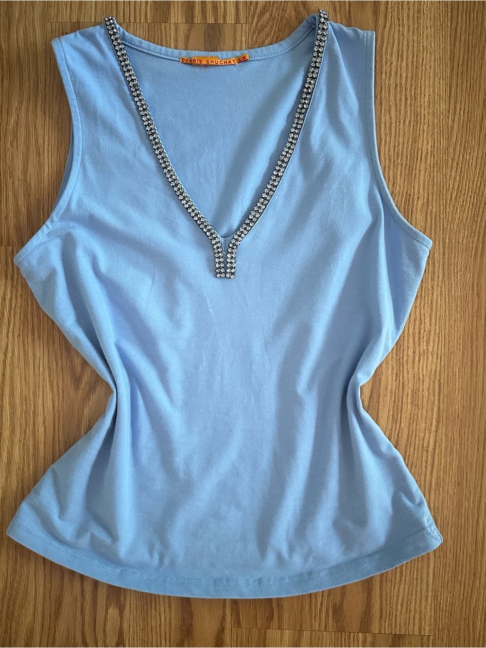 Vintage Y2K Debbie Shuchat Baby Blue Rhinestone Crystal V-Neck Tank